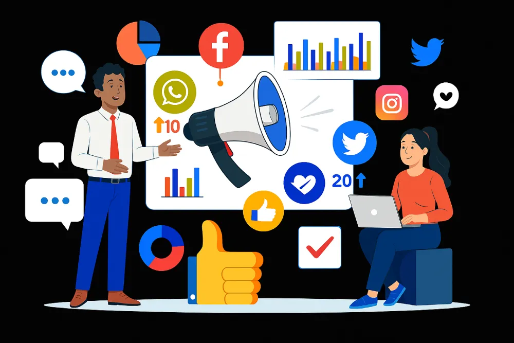 Illustration of two people discussing digital marketing analytics, with social media icons like Facebook, Twitter, Instagram, and WhatsApp surrounding a large megaphone and charts representing engagement and growth.
