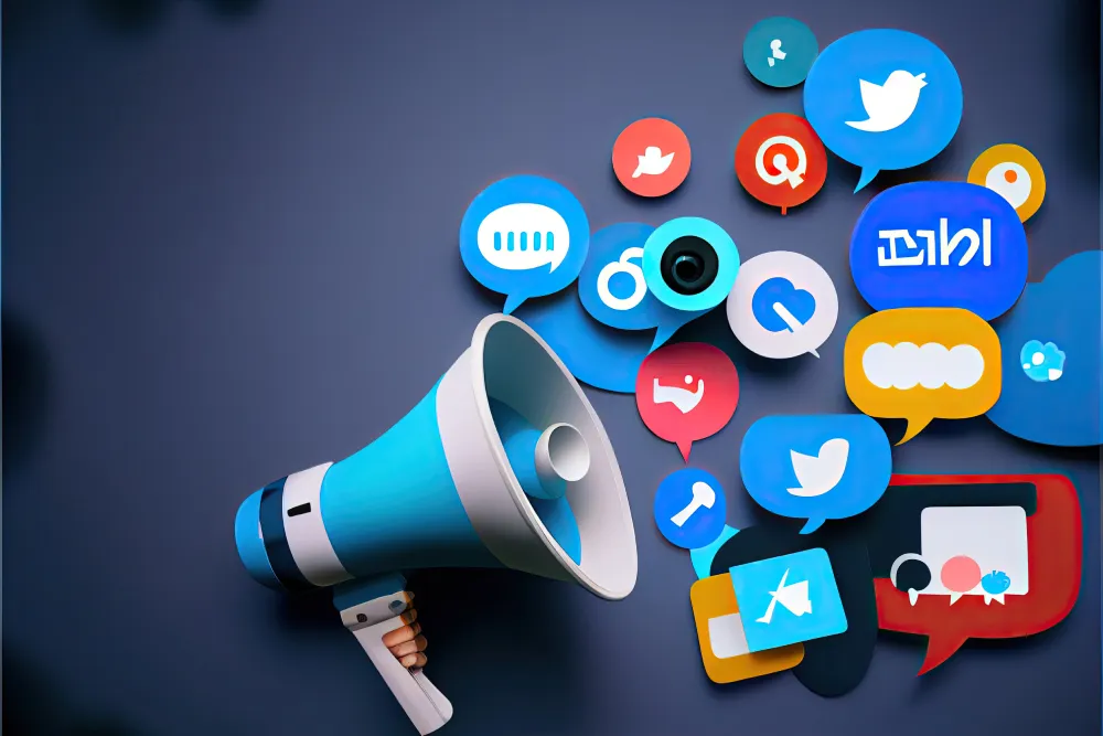 Social Media Banner (1) web site article image, material design, dark blue gradient background, megaphone in the left side of image, social networks icon