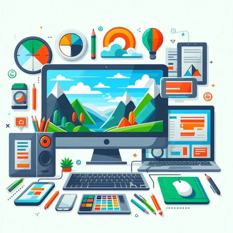 Vector illustration of creative designer workspace with computer, tablet, mobile phone, graphic tablet and other objects.